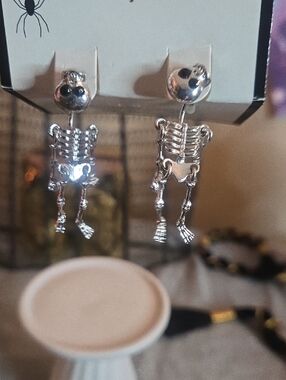 Silver Skeleton Dangle Earrings - Halloween Gothic